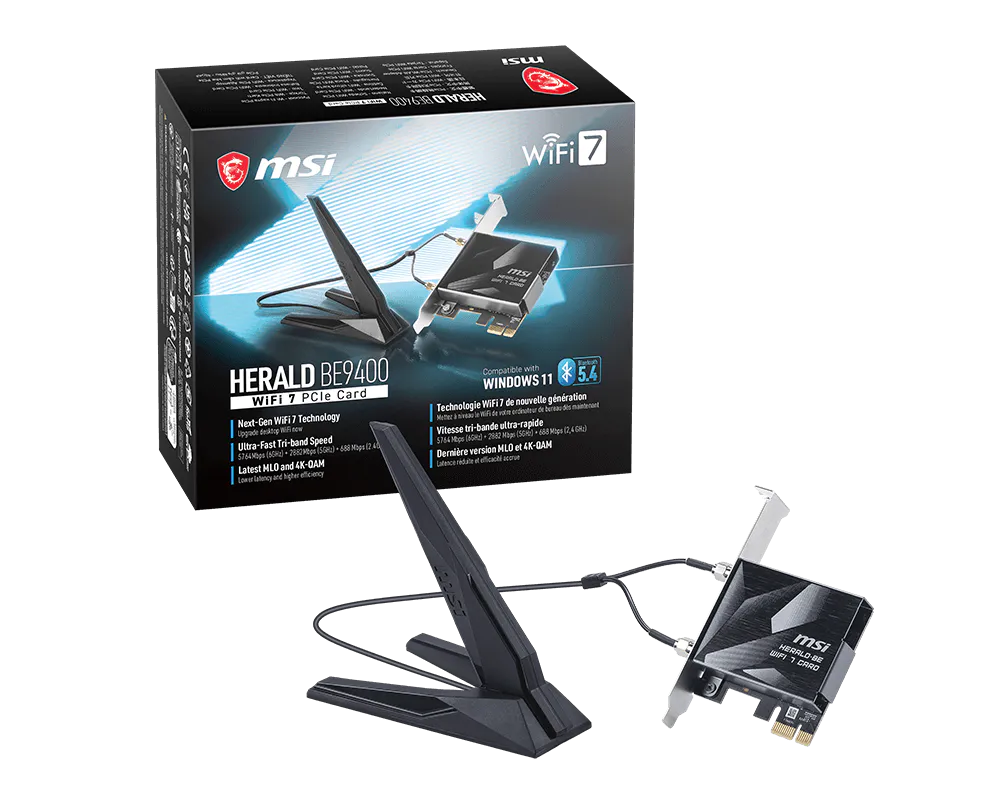 MSI Herald BE9400 WiFi 7 PCIe Card с выносной антенной