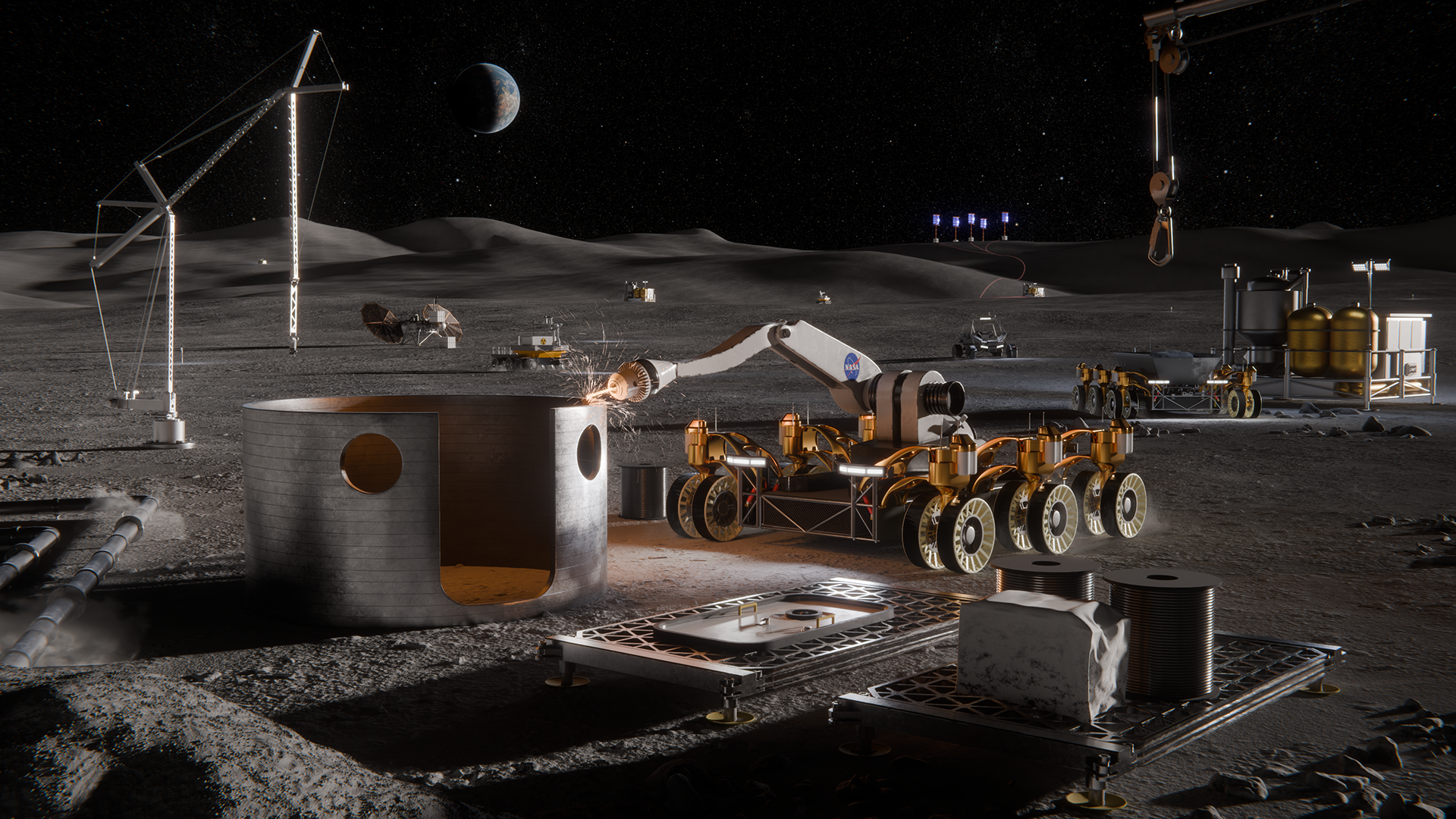 Vue d'artiste des éléments d'infrastructure et des technologies envisagés pour opérer à la surface de la Lune. Illustration : NASA