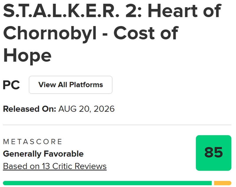 Cost of Hope obtient 85 sur Metacritic, dépassant le score du jeu de base.