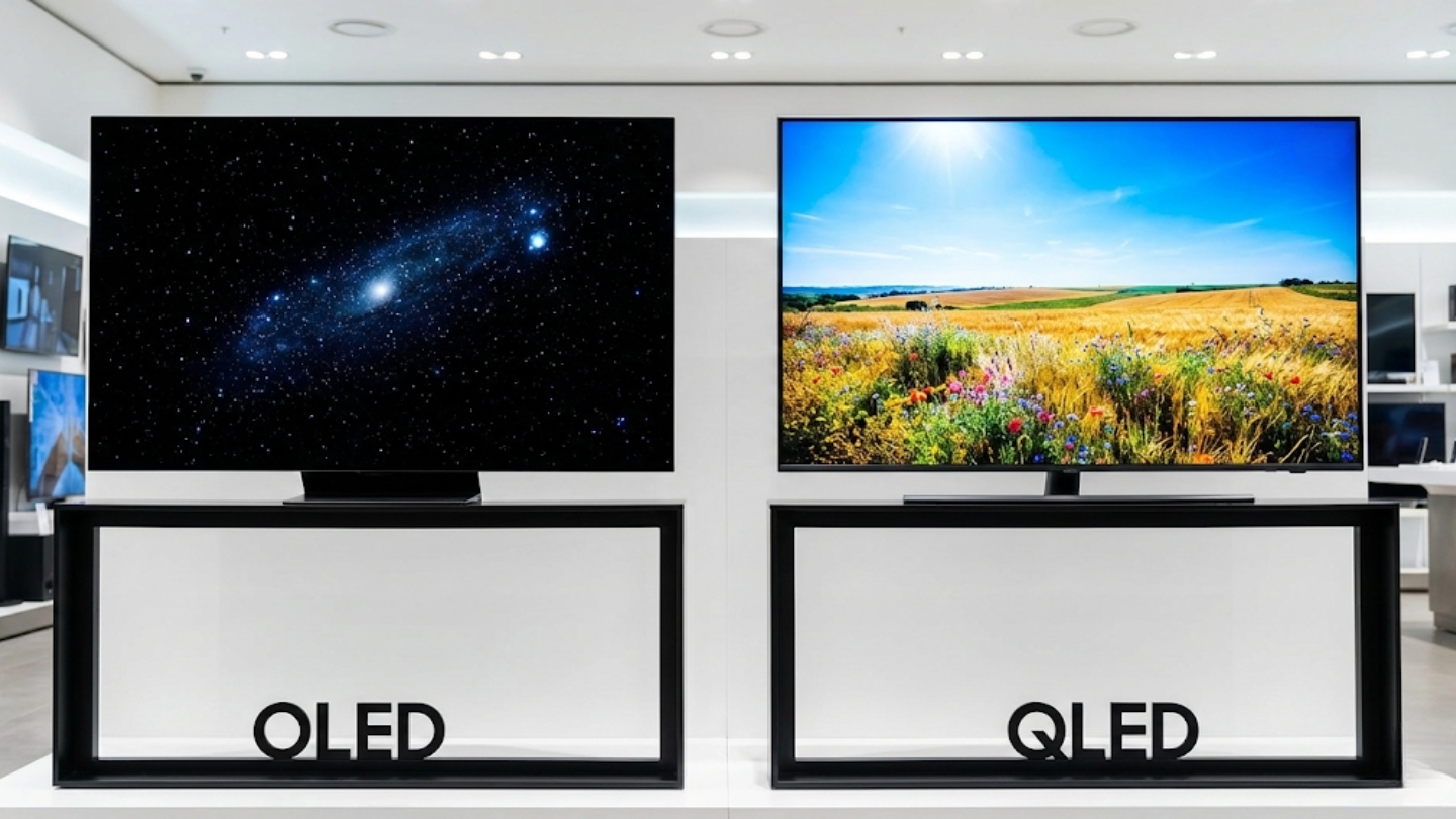 Comparaison des technologies TV OLED et QLED montrant les différences d'affichage