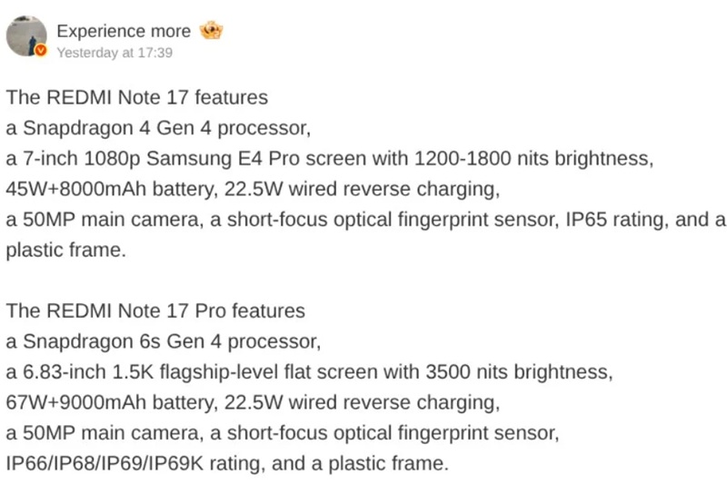 Изображение с характеристиками Redmi Note 17 и Note 17 Pro