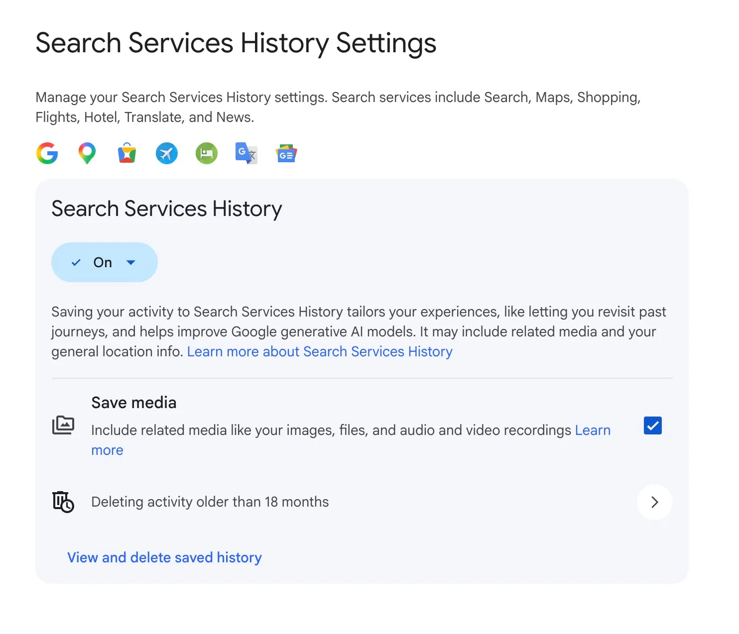 Настройки истории поисковых служб Google