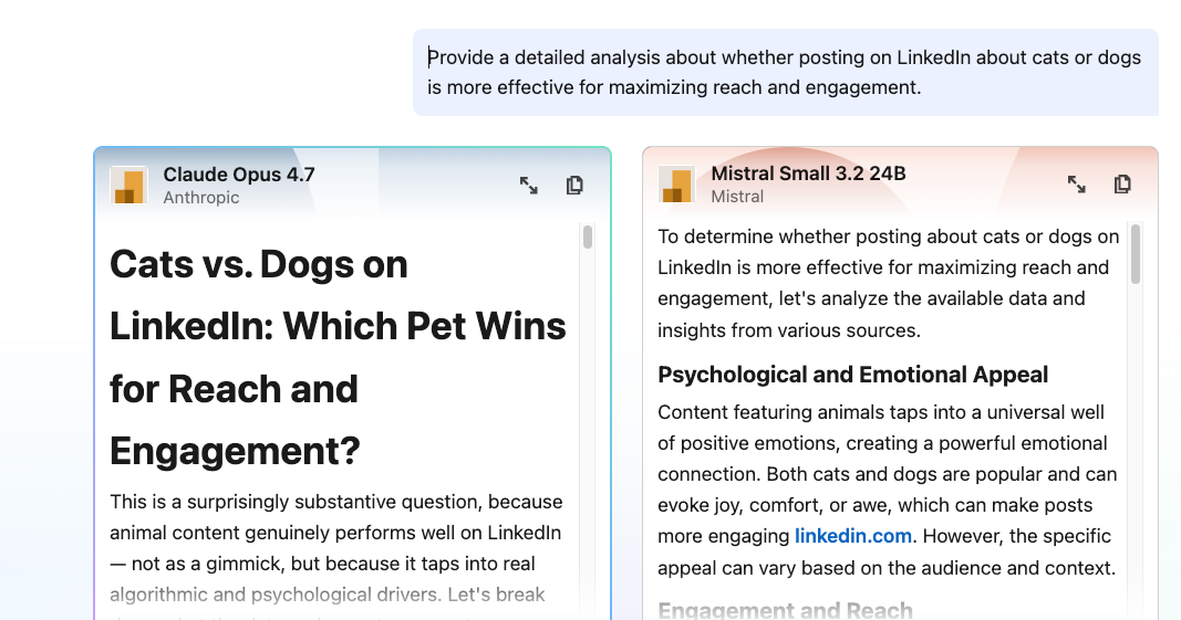Інтерфейс Crosscheck у LinkedIn із порівнянням відповідей двох моделей ШІ