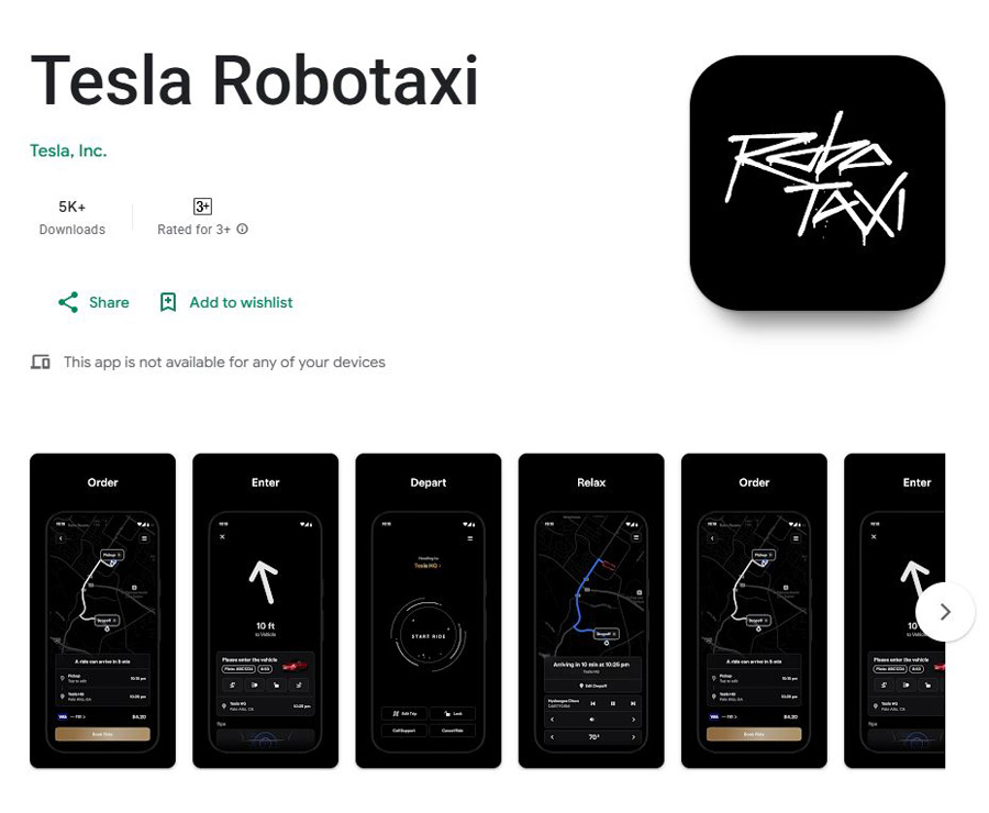 Die Robotaxi-App von Tesla im Google Play Store. Illustration: Google Play