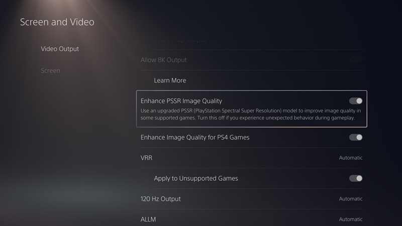 PlayStation settings with the new PSSR technology