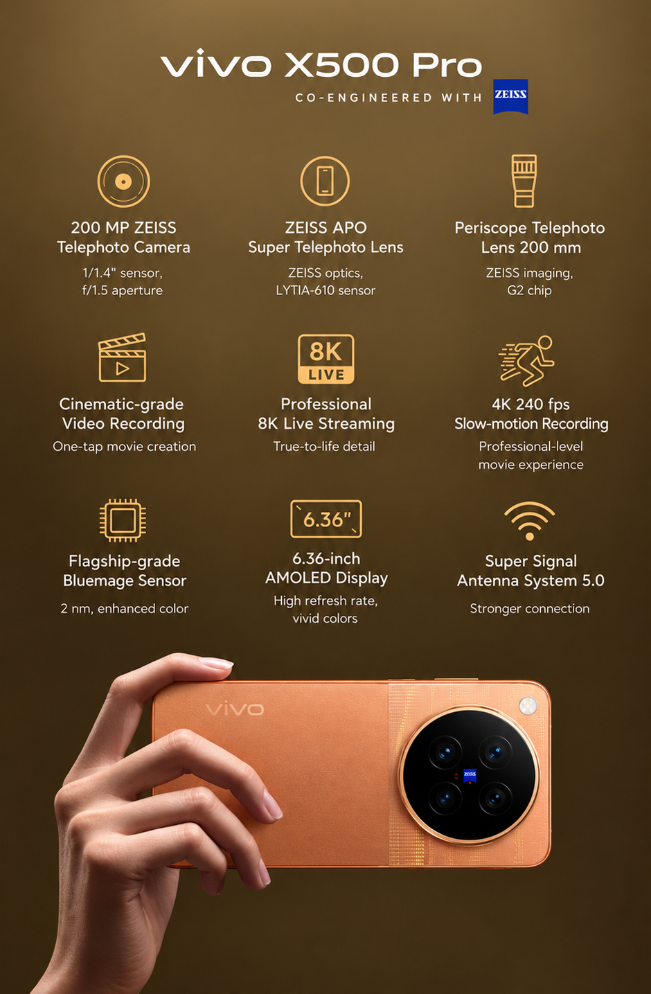 Vivo X500 Pro — 6.36-inch LTPO display, 7.95mm body, and a 50MP Zeiss main camera with 17 EV dynamic range.